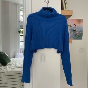 Vibrant Blue Ribbed Cowl Turtleneck Sweater